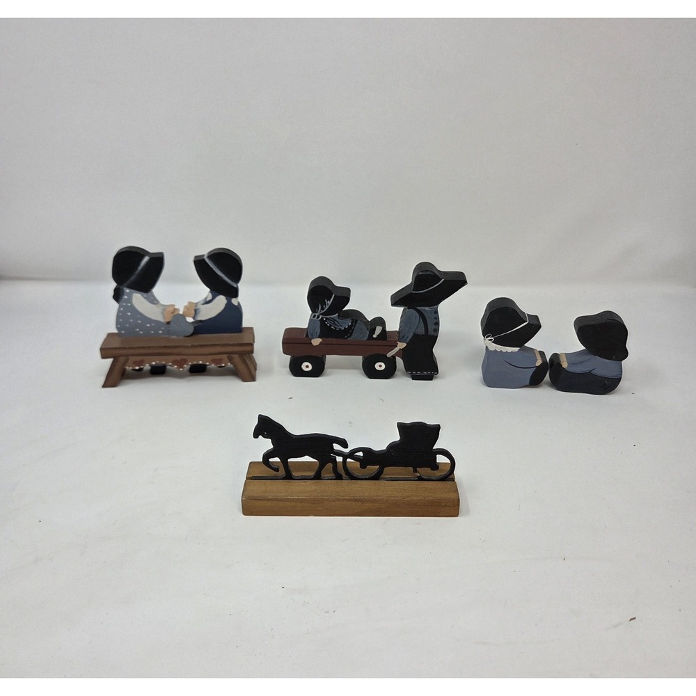 Amish Folk Art Wood Figurines Lot 4pc Bench Wagon Sleigh Handpainted PA